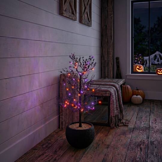 3ft. Pre-Lit Artificial Halloween Spider Twig Tree with 80 Orange & Purple LED Lights